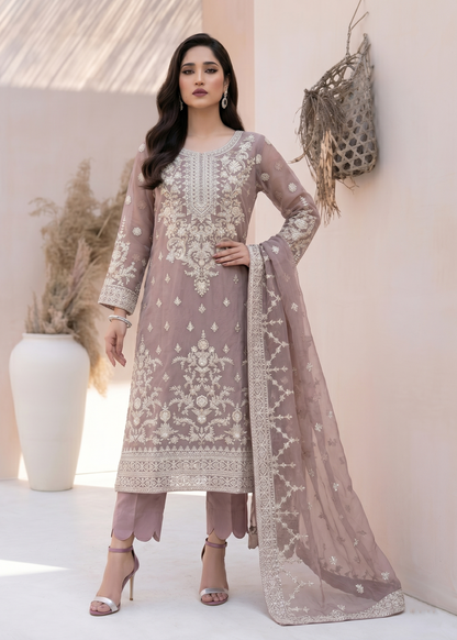 Embroidered Mauve Pink Organza Pakistani Suit Online in KSA Riyadh Saudi Arabia Oman Bahrain Qatar