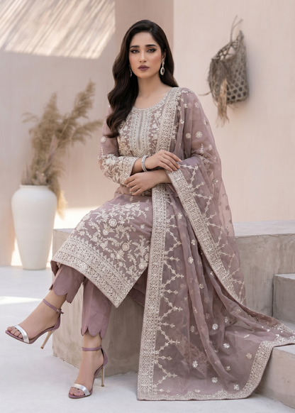 Embroidered Mauve Pink Organza Pakistani Suit Online in KSA Riyadh Saudi Arabia Oman Bahrain Qatar