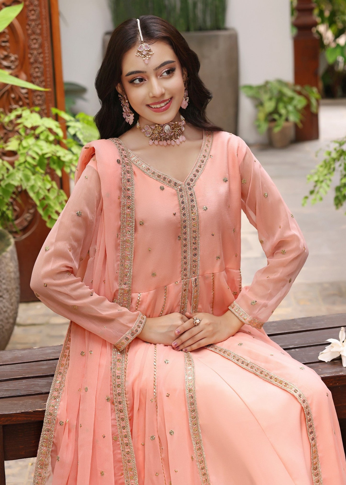 Embroidered Melon Pink Chiffon Pishwas Partywear Online in Dubai DXB UAE Abudhabi Meena Bazaar
