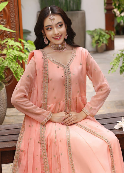 Embroidered Melon Pink Chiffon Pishwas Partywear Online in Dubai DXB UAE Abudhabi Meena Bazaar