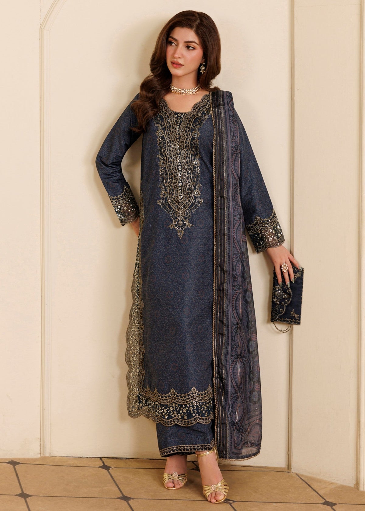 Embroidered Midnight Blue Blended Khaddar Salwar Kameez Online in KSA Riyadh Saudi Arabia Oman Bahrain Qatar