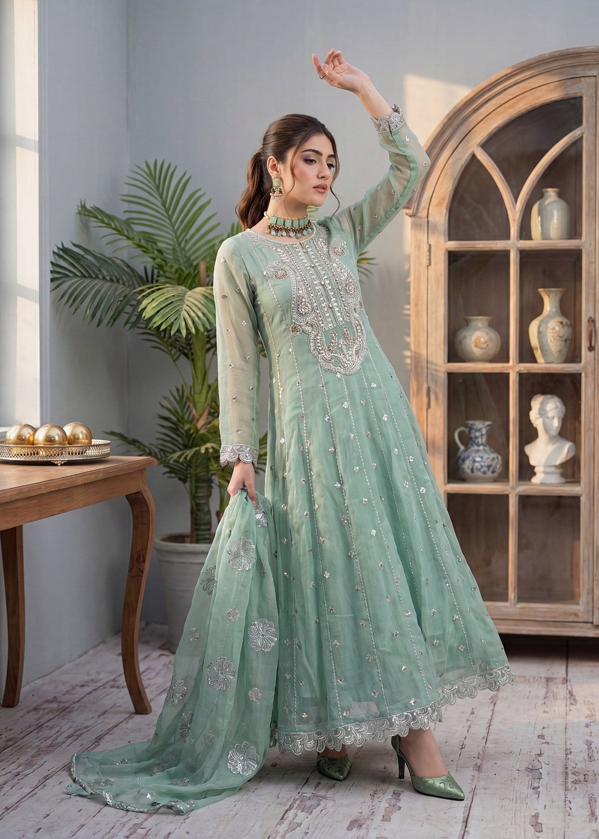Embroidered Mint Green Chiffon Salwar Suit Online in Dubai DXB UAE Abudhabi Meena Bazaar