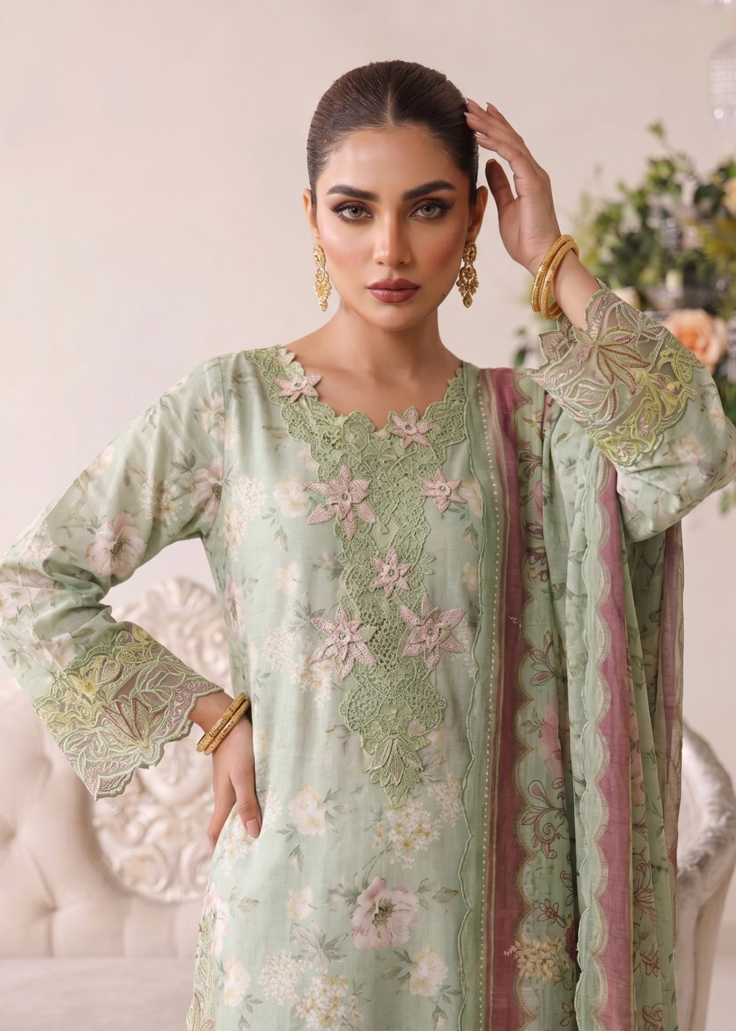 Embroidered Mint Green Lawn Party Wear Suit Online in KSA Riyadh Saudi Arabia Oman Bahrain Qatar