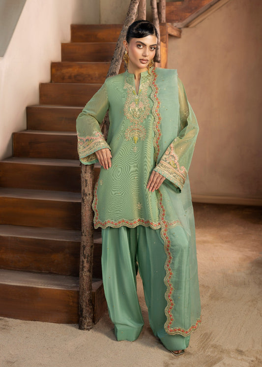 Embroidered Mint Green Organza Pakistani Suit Online in KSA Riyadh Saudi Arabia Oman Bahrain Qatar