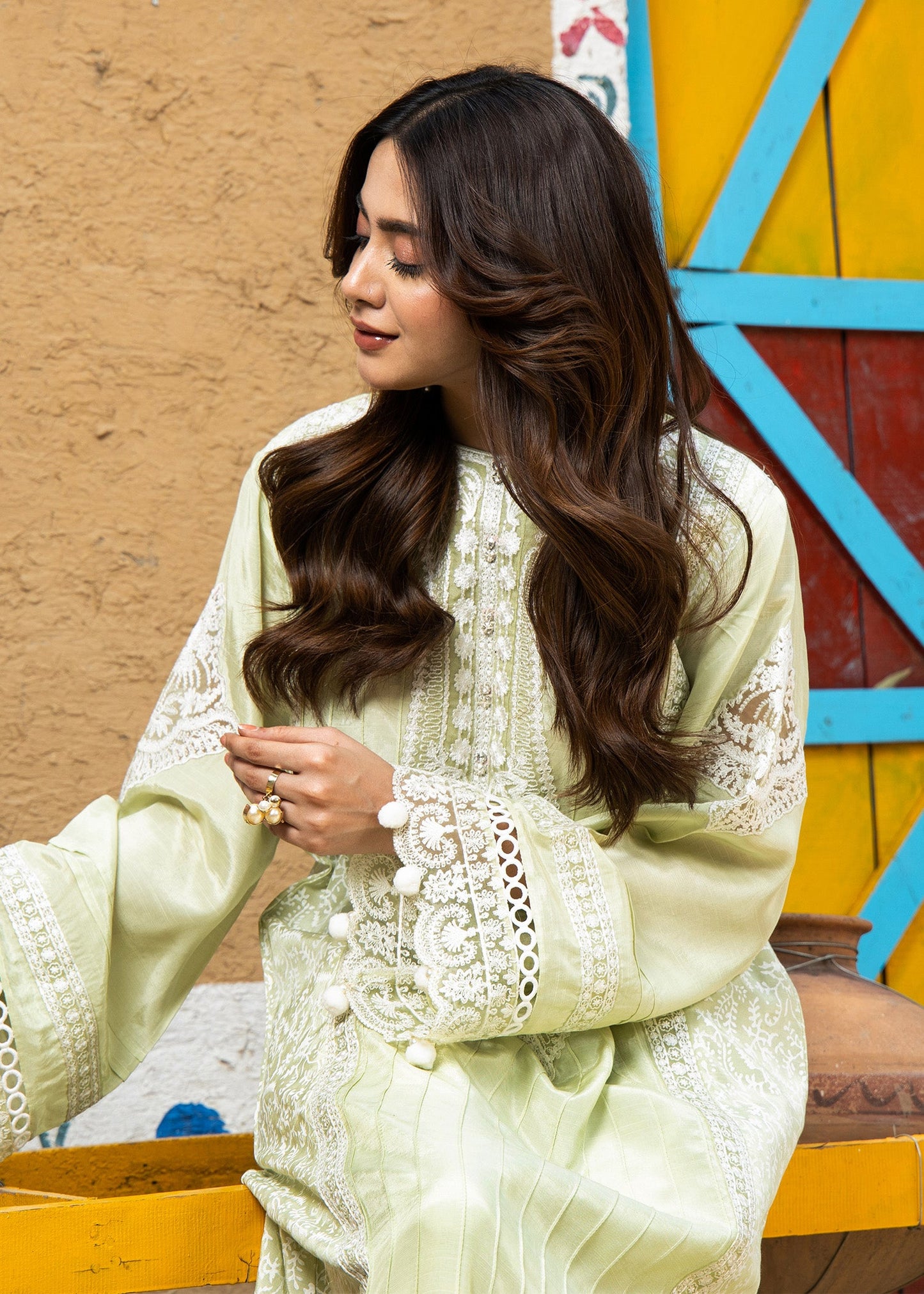 Embroidered Mint Green Raw Silk Ensemble with Chiffon Dupatta Online in Dubai UAE Abudhabi Ajman Sharjah