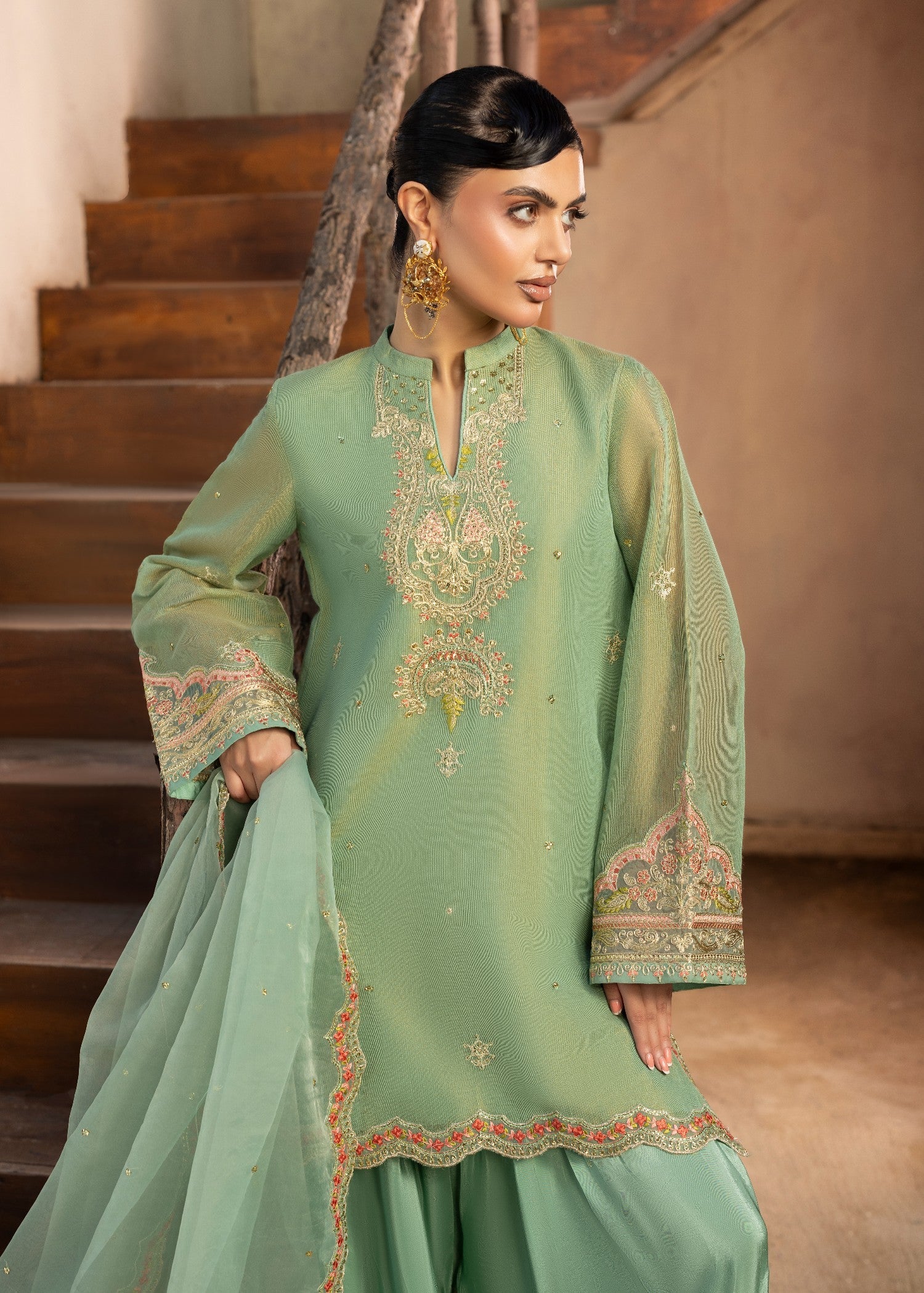 Embroidered Mint Green Raw Silk Party Wear Suit Online in Dubai DXB UAE Abudhabi Meena Bazaar