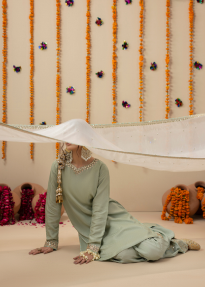 Embroidered Mint Green Silk Farshi Shalwar Suit Online in Dubai UAE Abudhabi Ajman Sharjah