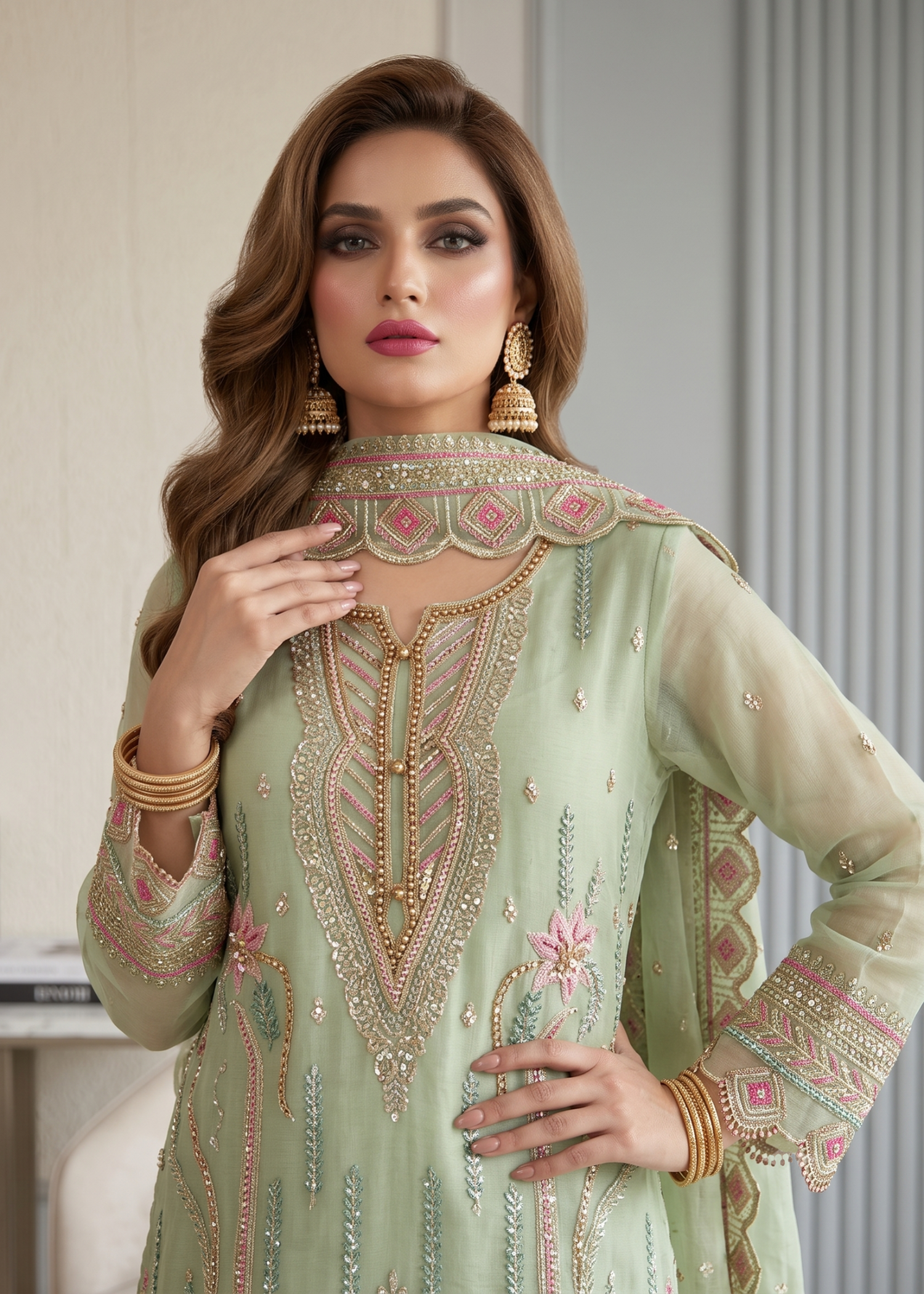 Embroidered Moss Green Organza Pakistani Dress Online in UK USA Canada
