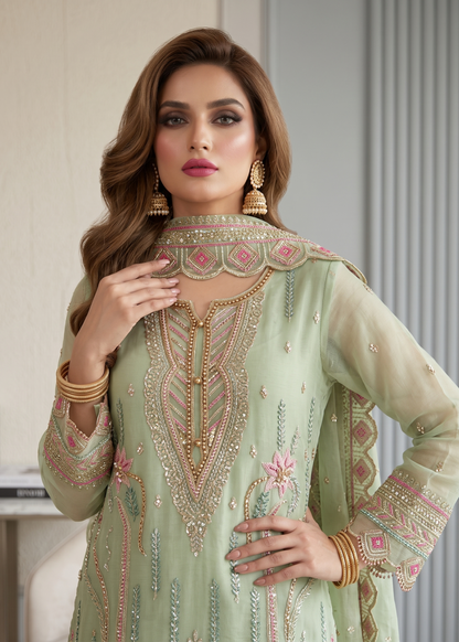 Embroidered Moss Green Organza Pakistani Dress Online in UK USA Canada
