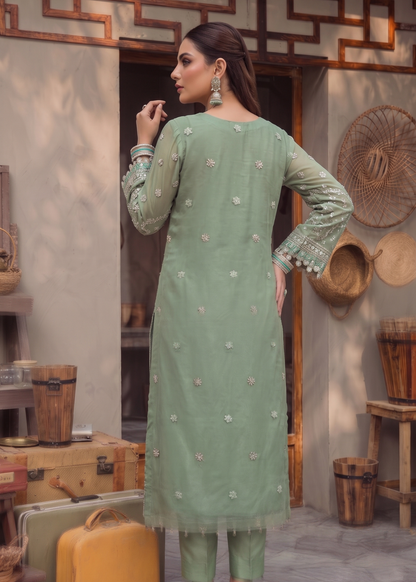Embroidered Moss Green Organza Straight Trouser Suit Online in Dubai DXB UAE Abudhabi Meena Bazaar