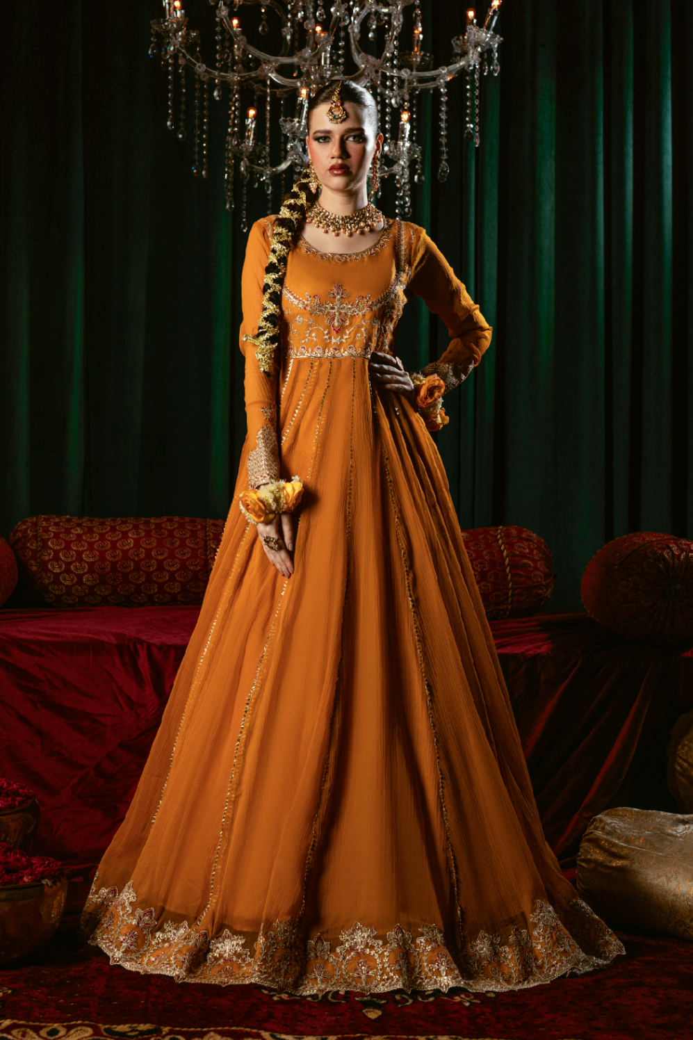 Embroidered Mustard Chiffon Kurta Set Online in Dubai UAE Abudhabi Ajman Sharjah