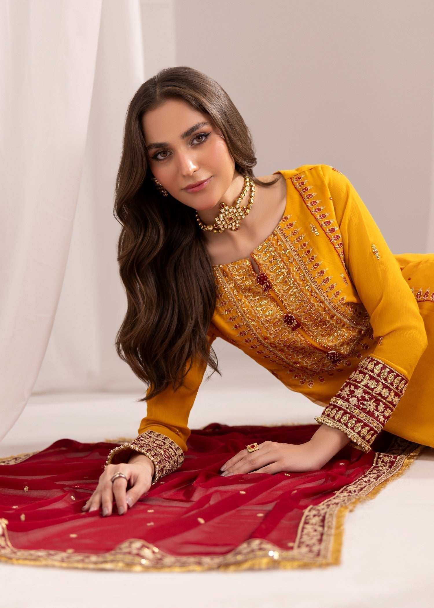 Embroidered Mustard Chiffon Ladies Salwar Kameez Online in UK USA Canada