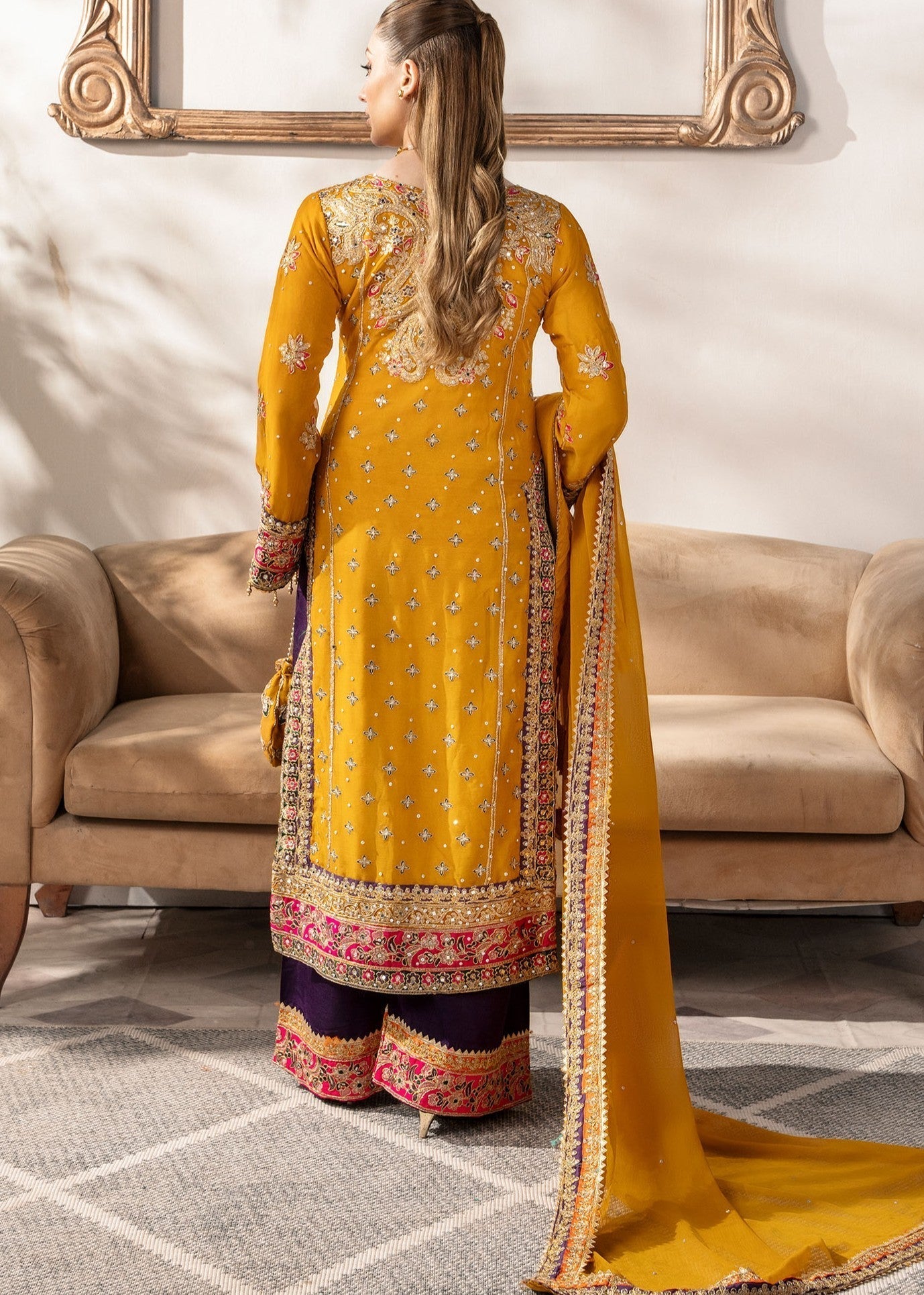 Embroidered Mustard Chiffon Ladies Suit Online in Dubai UAE Abudhabi Ajman Sharjah