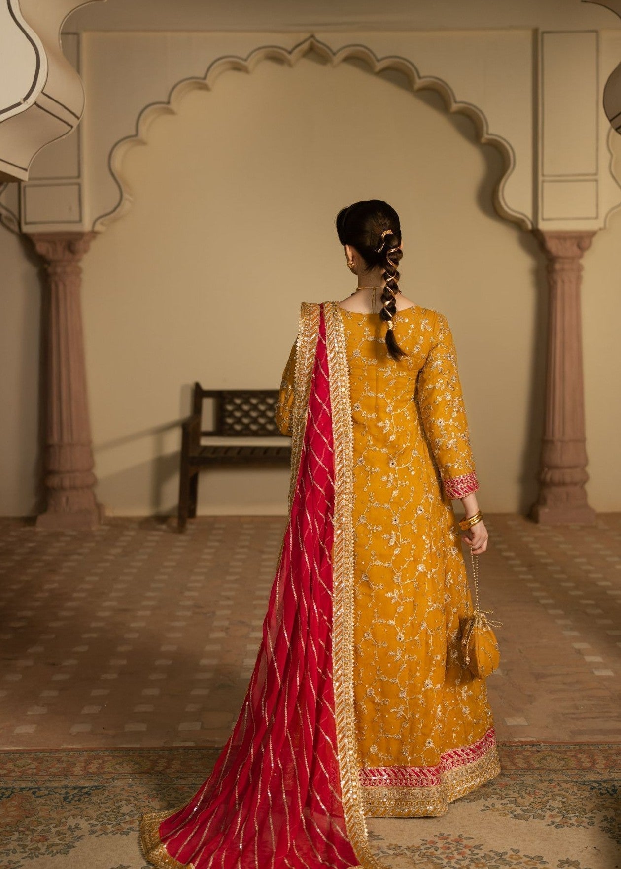 Embroidered Mustard Chiffon Pakistani Outfit Online in Dubai DXB UAE Abudhabi Meena Bazaar