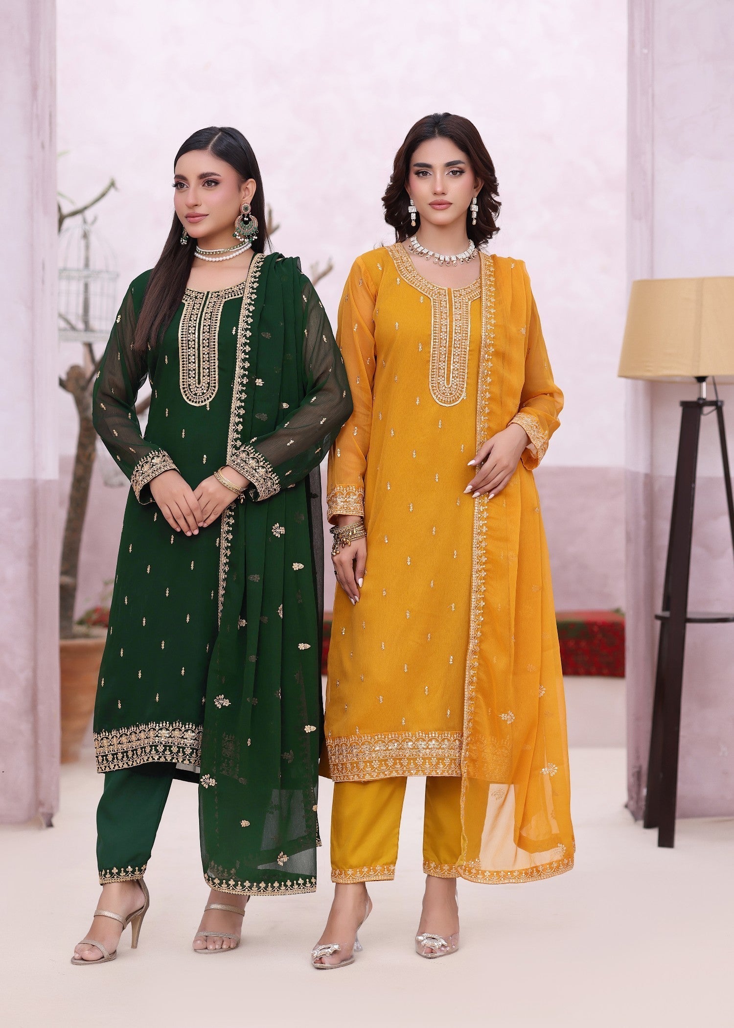 Embroidered Mustard Chiffon Three Piece Suit Online in Dubai DXB UAE Abudhabi Meena Bazaar