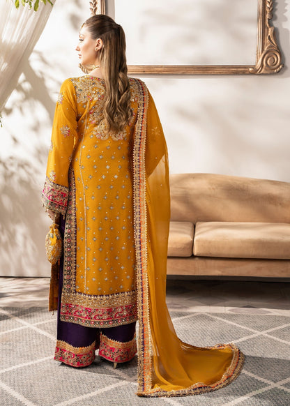 Embroidered Mustard Chiffon Three Piece Suit Online in Sri Lanka India Australia