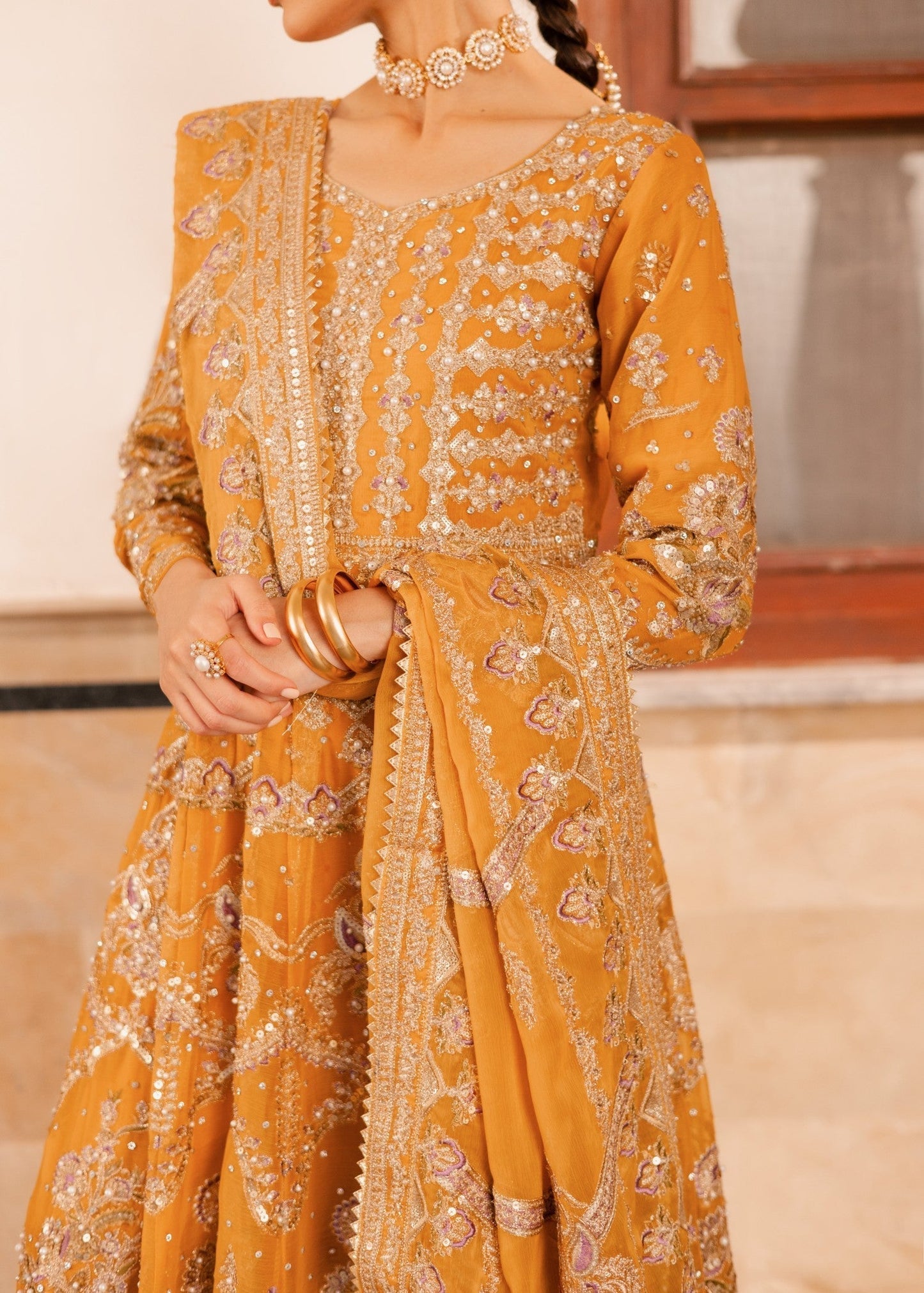 Embroidered Mustard Chiffon Wedding Guest Suit Online in Dubai UAE Abudhabi Ajman Sharjah