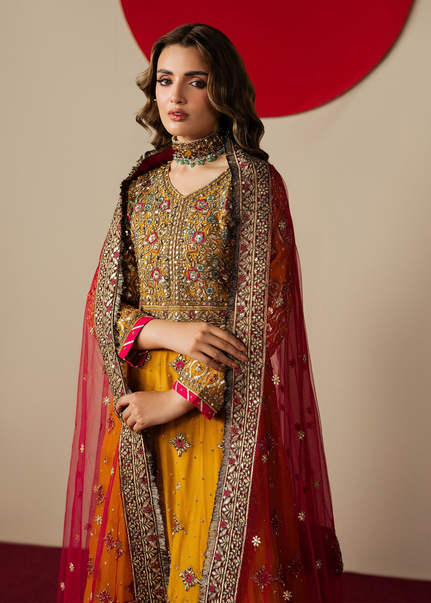 Embroidered Mustard Chiffon Wedding Lehenga Online in KSA Riyadh Saudi Arabia Oman Bahrain Qatar