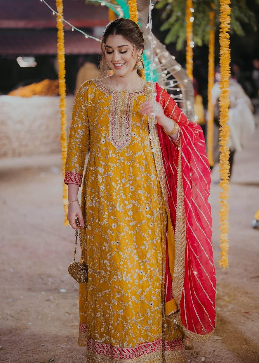 Embroidered Mustard Chiffon Wedding Wear Online in UK USA Canada