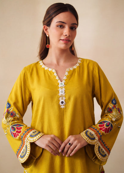 Embroidered Mustard Dhanak Kurta Set Online in UK USA Canada