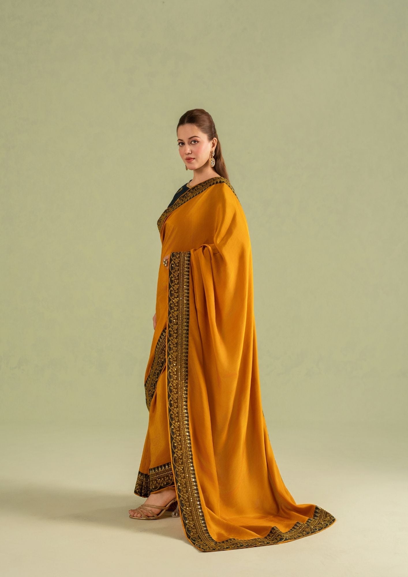 Embroidered Mustard Gold Saree for Women Online in KSA Riyadh Saudi Arabia Oman Bahrain Qatar