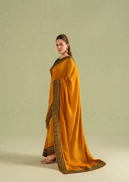 Embroidered Mustard Gold Saree for Women Online in KSA Riyadh Saudi Arabia Oman Bahrain Qatar