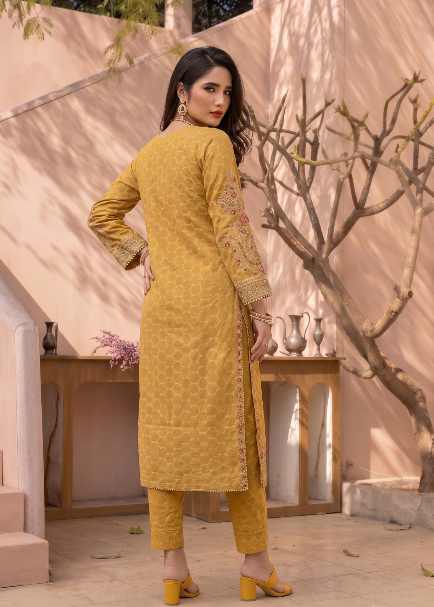 Embroidered Mustard Jacquard 3 Piece Suit Online in Dubai DXB UAE Abudhabi Meena Bazaar