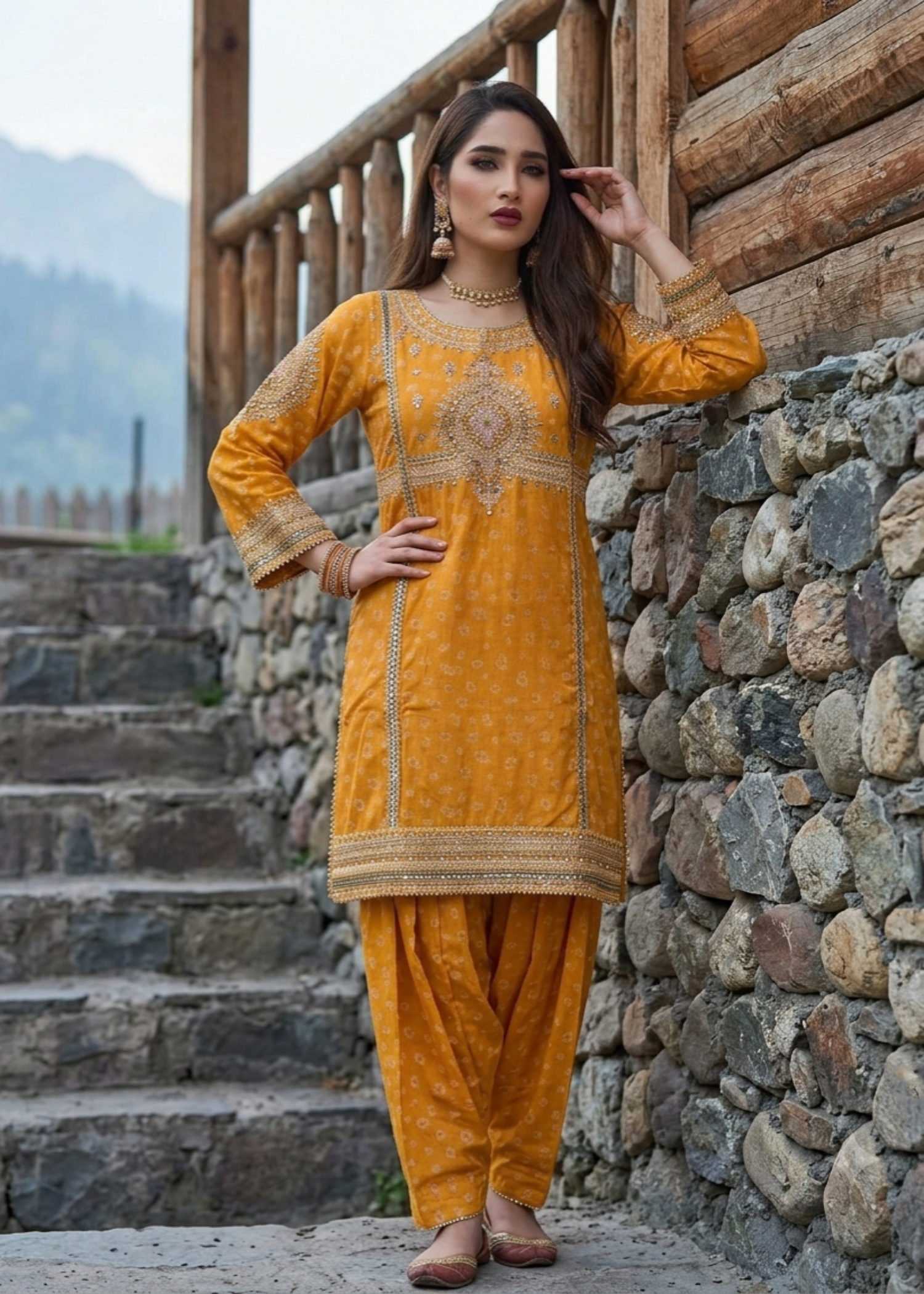 Embroidered Mustard Jacquard Festive Wear Suit Online in Dubai DXB UAE Abudhabi Meena Bazaar
