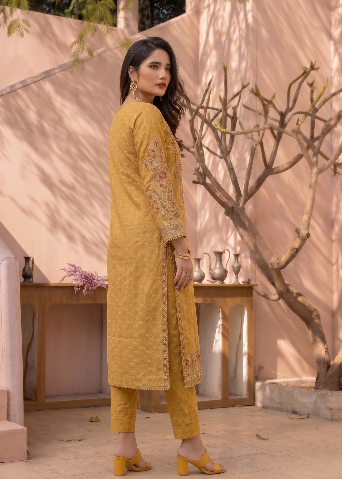 Embroidered Mustard Jacquard Loose Fit Kurta Suit Online in Dubai DXB UAE Abudhabi Meena Bazaar
