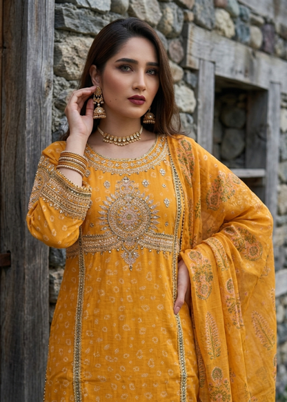 Embroidered Mustard Jacquard Pakistani Party Suit Online in KSA Riyadh Saudi Arabia Oman Bahrain Qatar