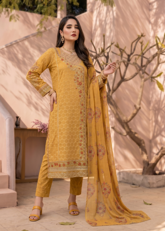 Embroidered Mustard Jacquard Pakistani Suit Online in KSA Riyadh Saudi Arabia Oman Bahrain Qatar