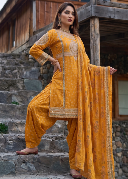 Embroidered Mustard Jacquard Pakistani Suit Online in KSA Riyadh Saudi Arabia Oman Bahrain Qatar