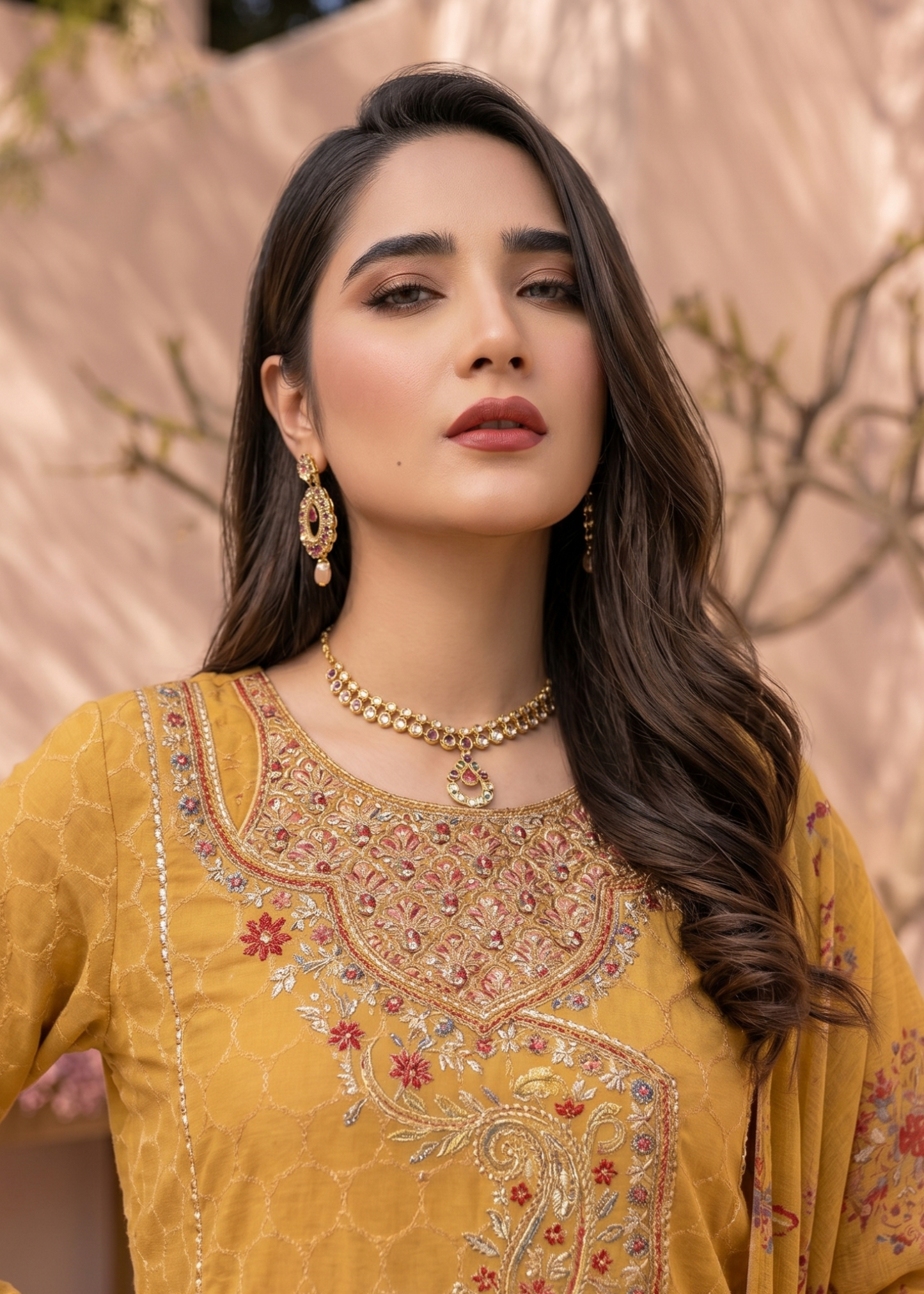 Embroidered Mustard Jacquard Partywear Salwar Kameez Online in KSA Riyadh Saudi Arabia Oman Bahrain Qatar