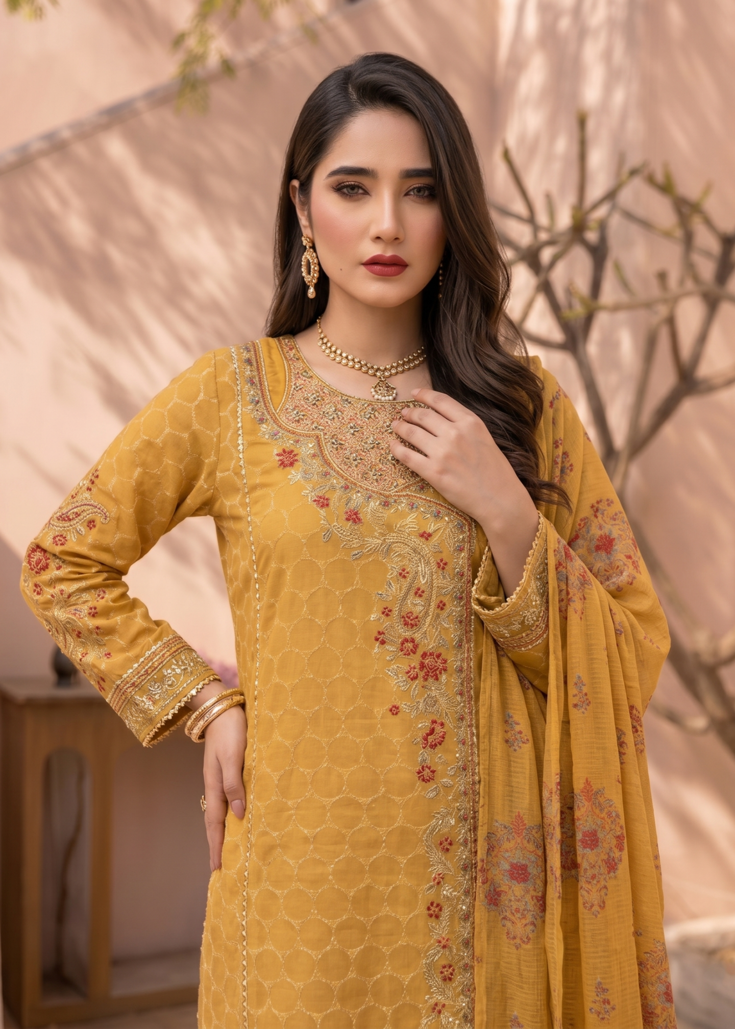 Embroidered Mustard Jacquard Straight Trouser Suit Online in KSA Riyadh Saudi Arabia Oman Bahrain Qatar