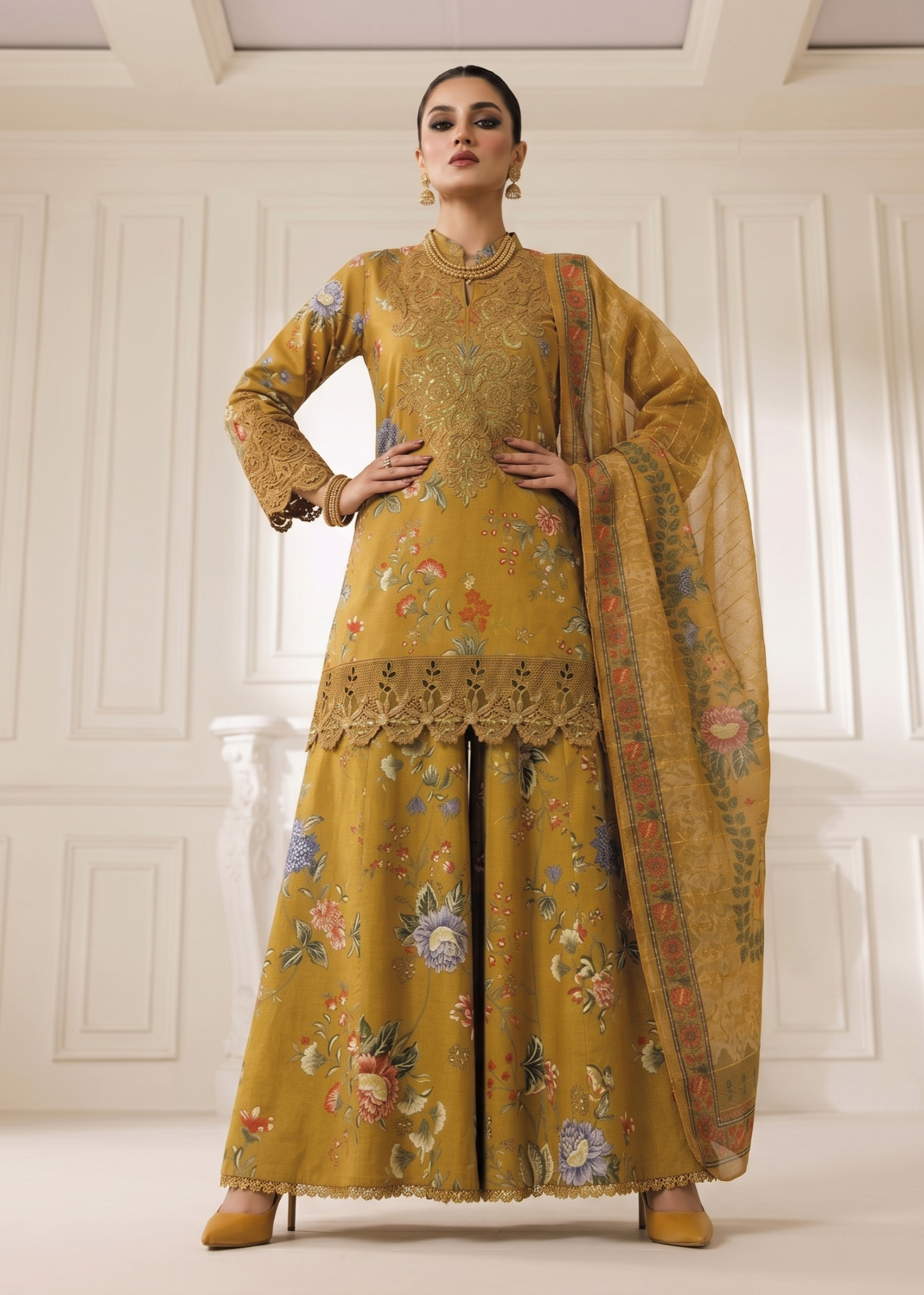 Embroidered Mustard Lawn 3 Piece Suit Online in Dubai DXB UAE Abudhabi Meena Bazaar