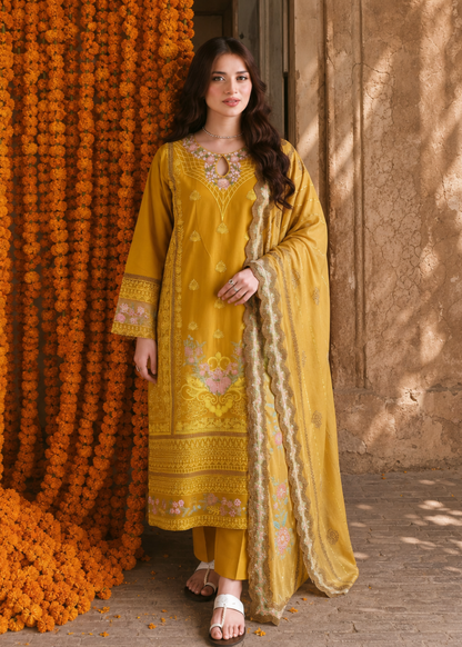 Embroidered Mustard Lawn Salwar Kameez Online in KSA Riyadh Saudi Arabia Oman Bahrain Qatar