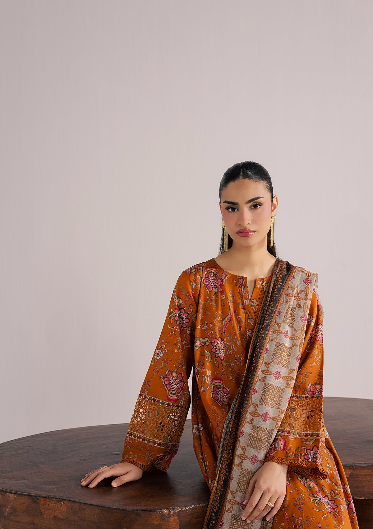 Embroidered Mustard Lawn Suit with Chiffon Dupatta Online in KSA Riyadh Saudi Arabia Oman Bahrain Qatar
