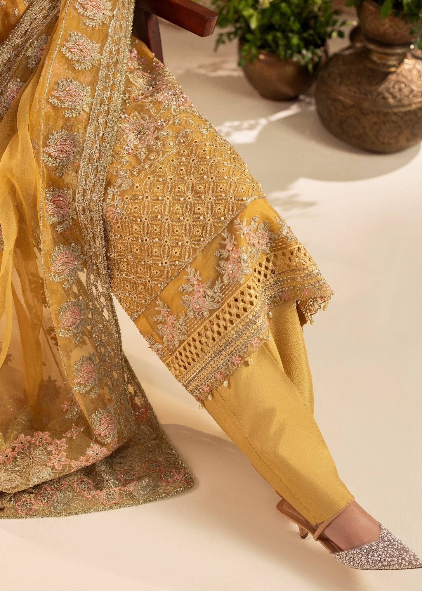 Embroidered Mustard Organza Kurta with Dupatta Online in Dubai UAE Abudhabi Ajman Sharjah
