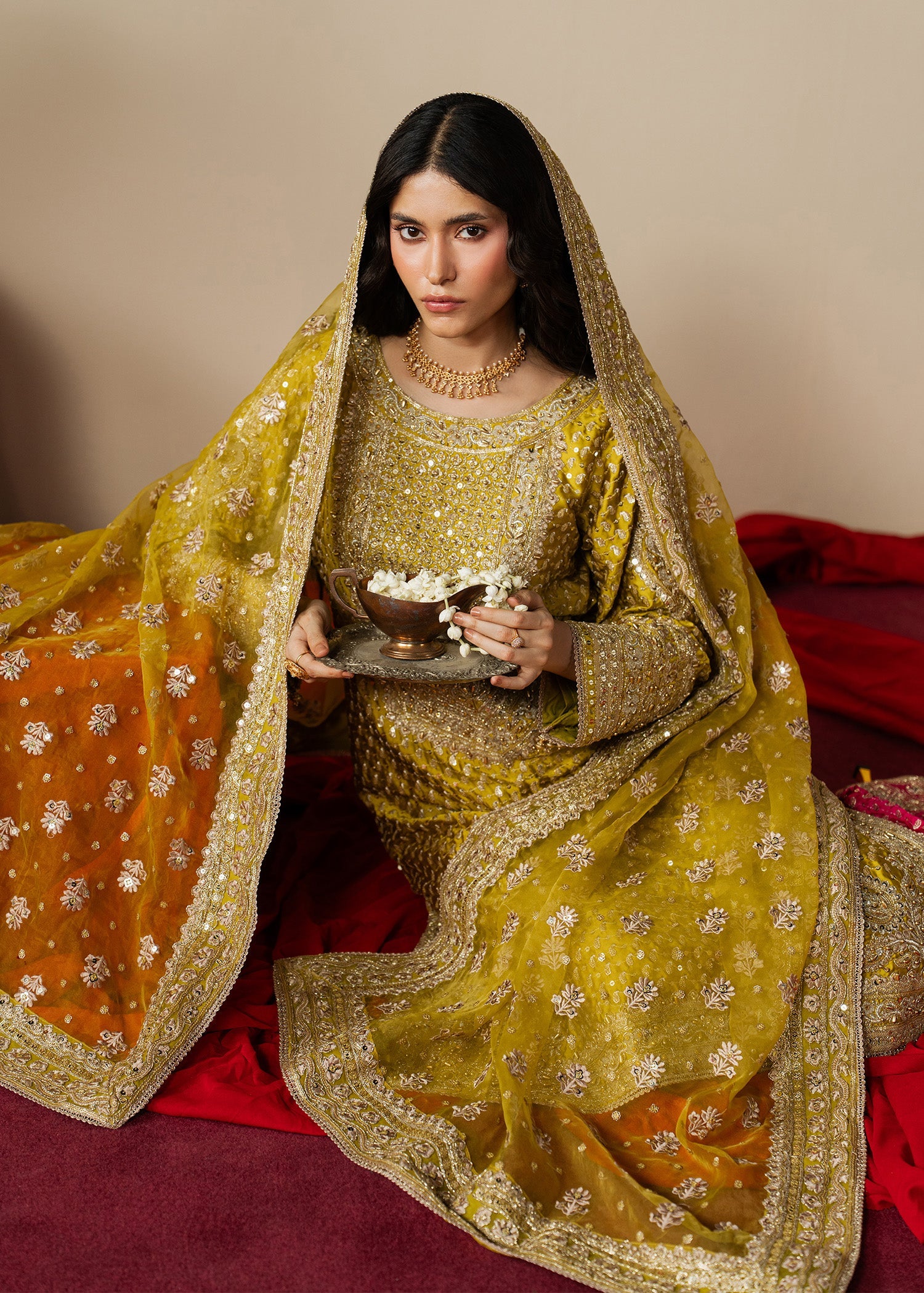Embroidered Mustard Organza Wedding Guest Outfit Online in UK USA Canada
