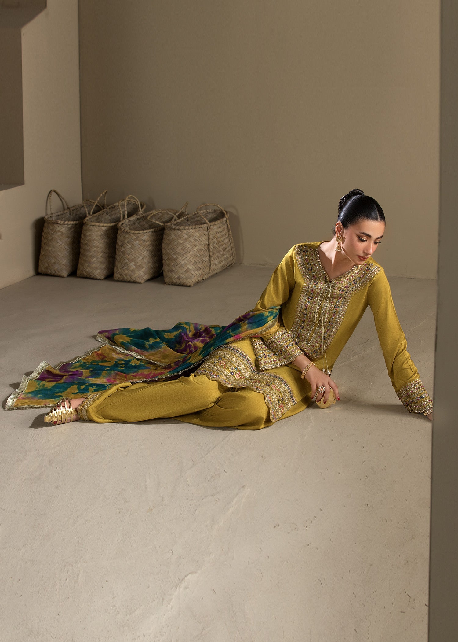 Embroidered Mustard Raw Silk Farshi Shalwar Pakistani Suit Online in KSA Riyadh Saudi Arabia Oman Bahrain Qatar