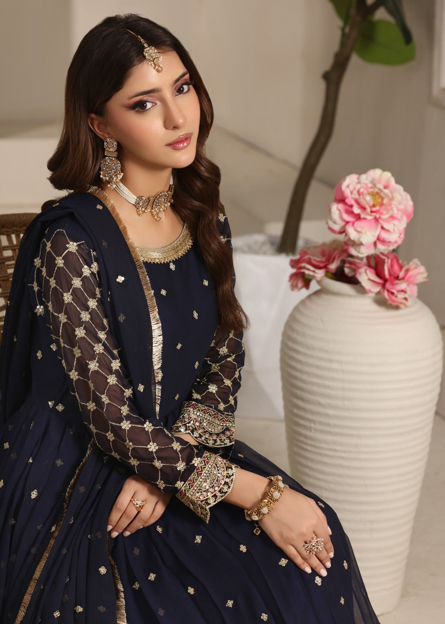 Embroidered Navy Blue Chiffon 3 Piece Suit Online in Dubai DXB UAE Abudhabi Meena Bazaar