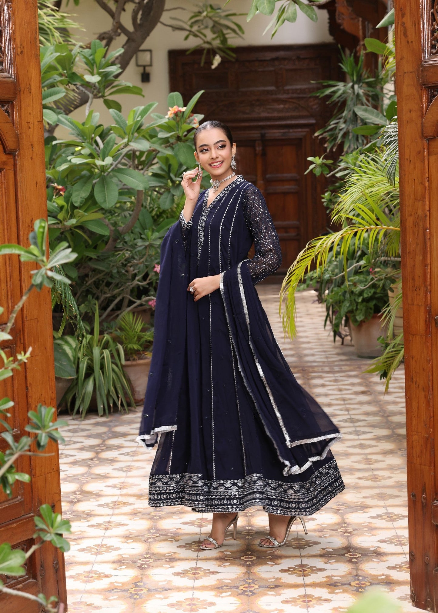 Embroidered Navy Blue Chiffon 3 Piece Suit Online in Dubai DXB UAE Abudhabi Meena Bazaar
