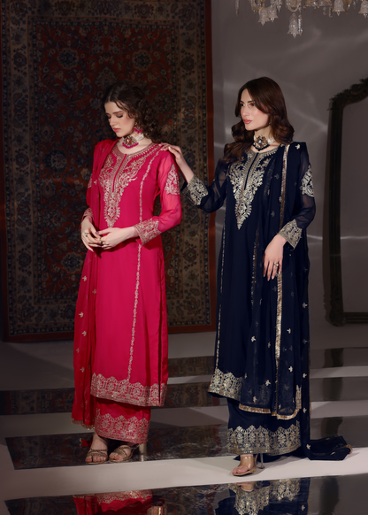 Embroidered Navy Blue Chiffon 3 Piece Suit Online in Sri Lanka India Australia