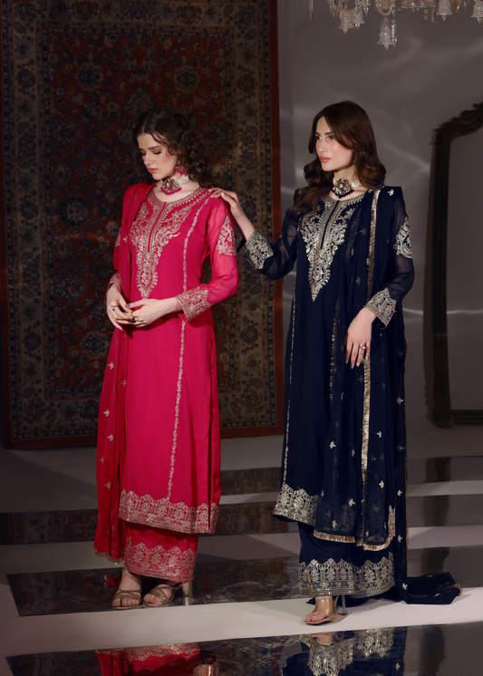 Embroidered Navy Blue Chiffon 3 Piece Suit Online in Sri Lanka India Australia