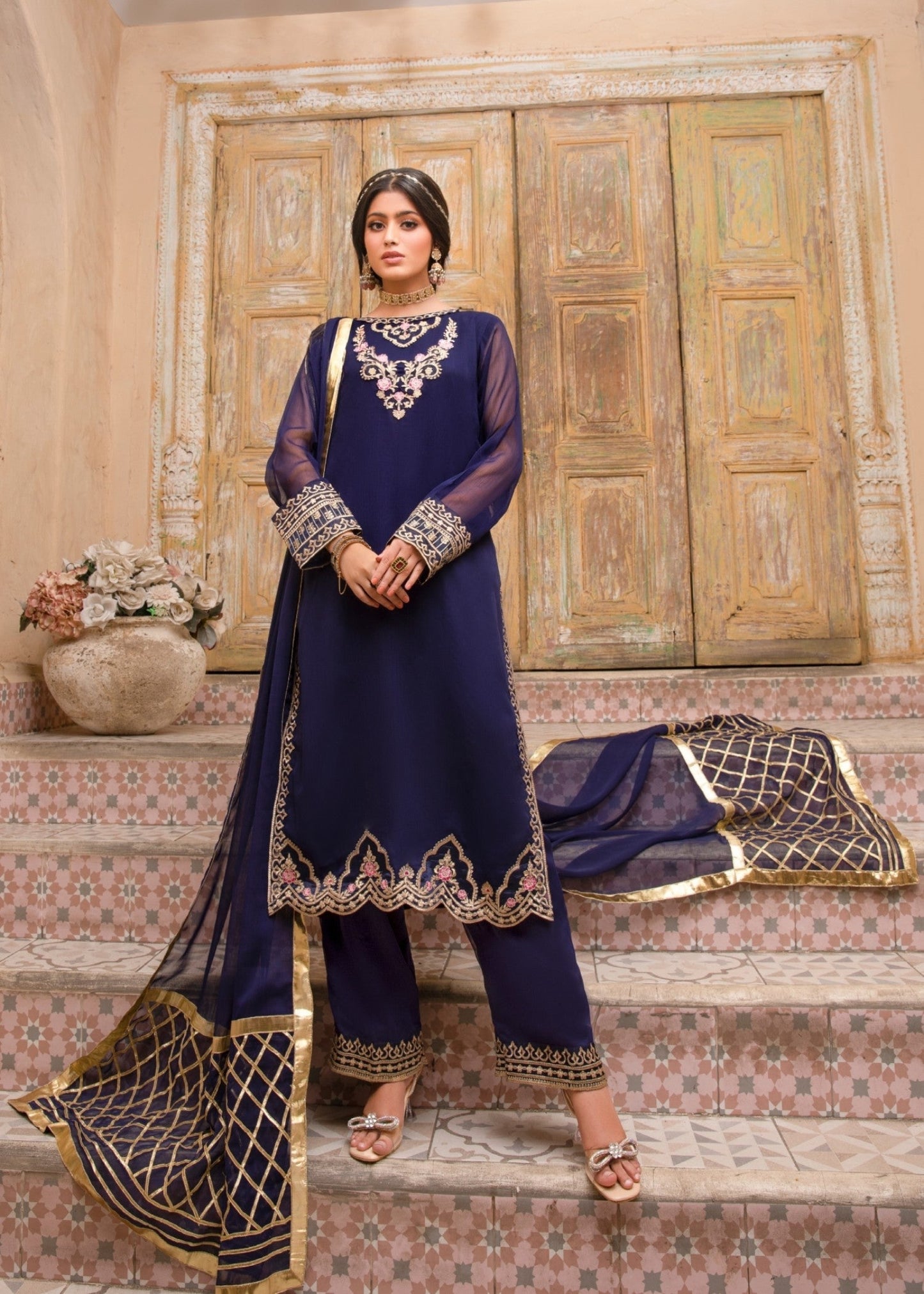 Embroidered Navy Blue Chiffon Dress Online in KSA Riyadh Saudi Arabia Oman Bahrain Qatar
