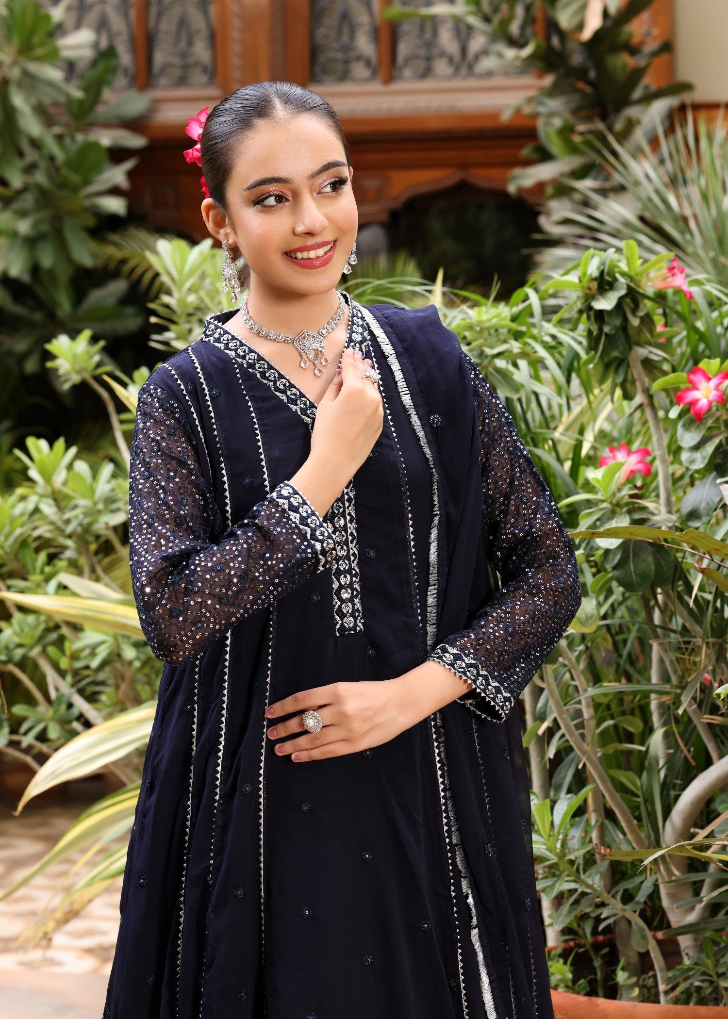 Embroidered Navy Blue Chiffon Festive Suit Online in Dubai DXB UAE Abudhabi Meena Bazaar