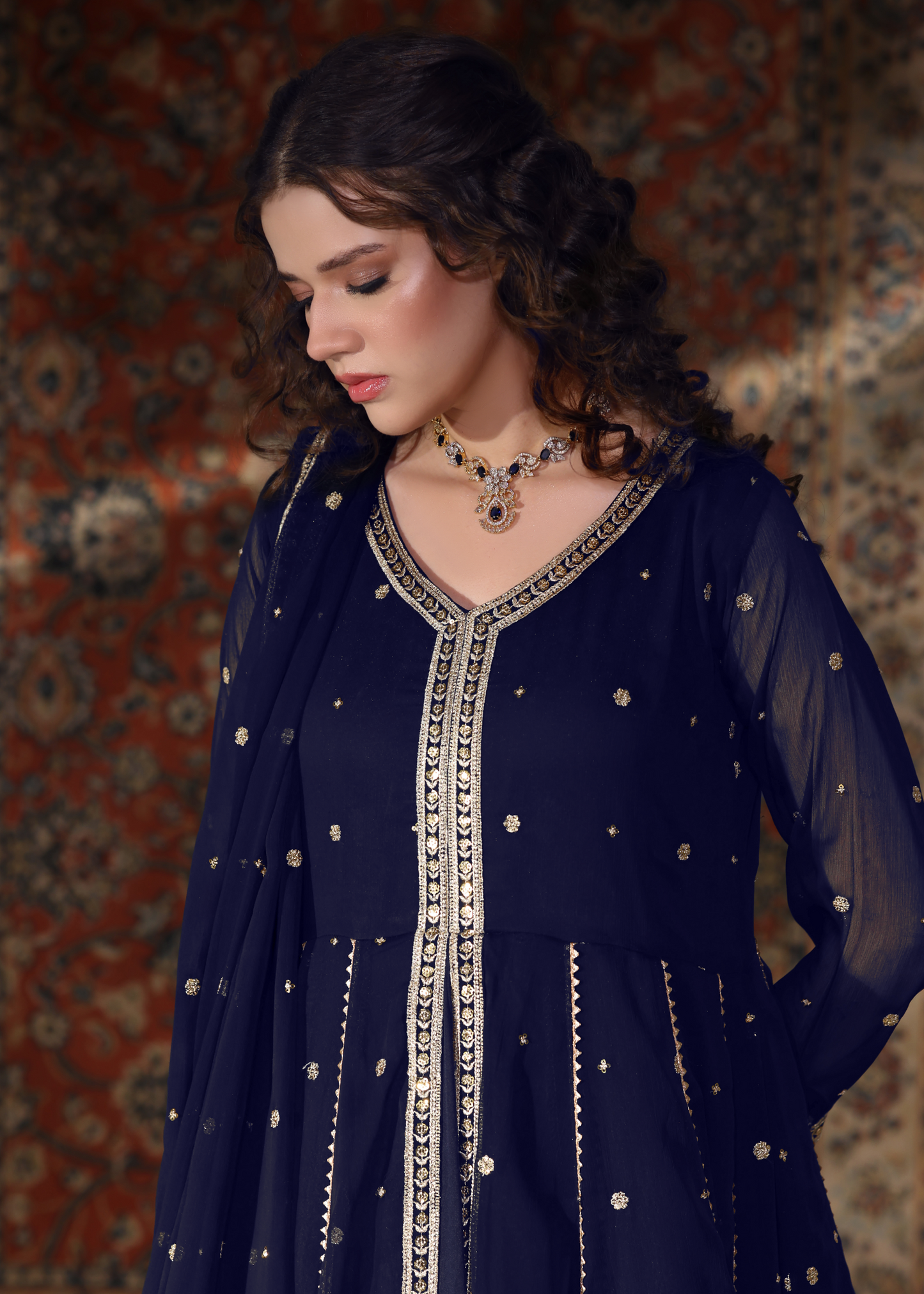 Embroidered Navy Blue Chiffon Festive Suit Online in Dubai UAE Abudhabi Ajman Sharjah