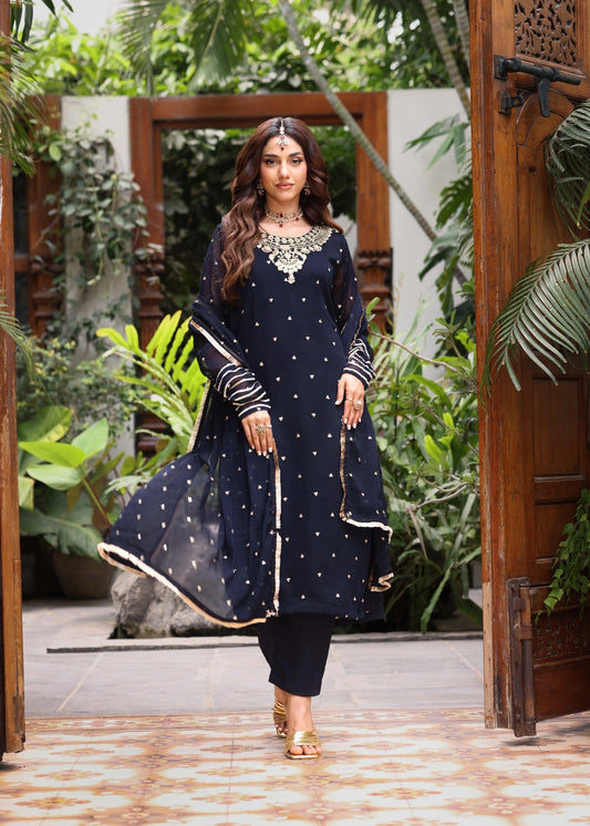 Embroidered Navy Blue Chiffon Kurta Set Online in Sri Lanka India Australia