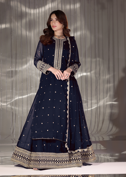 Embroidered Navy Blue Chiffon Lehenga Party Wear Online in Dubai UAE Abudhabi Ajman Sharjah