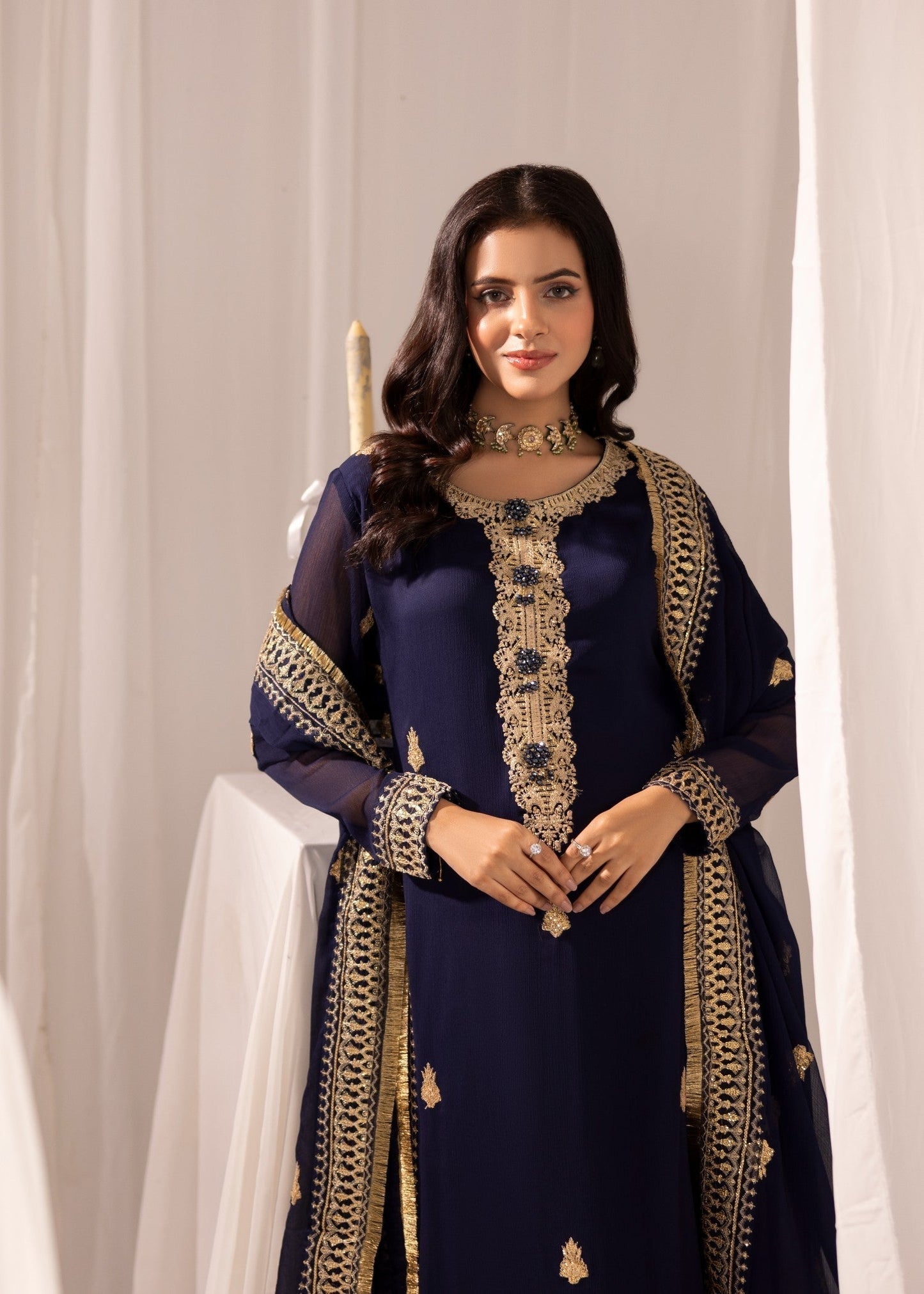 Embroidered Navy Blue Chiffon Pakistani Suit Online in Dubai UAE Abudhabi Ajman Sharjah